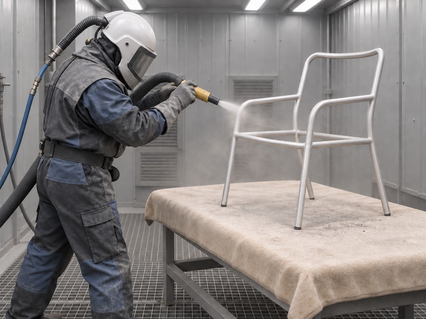 Patio furniture frame sandblasting